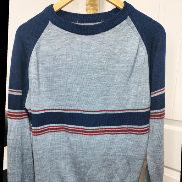 Vintage 70s Knit Long Sleeve Sweater Mens M* Blue Red Stripe - Picture 1 of 6
